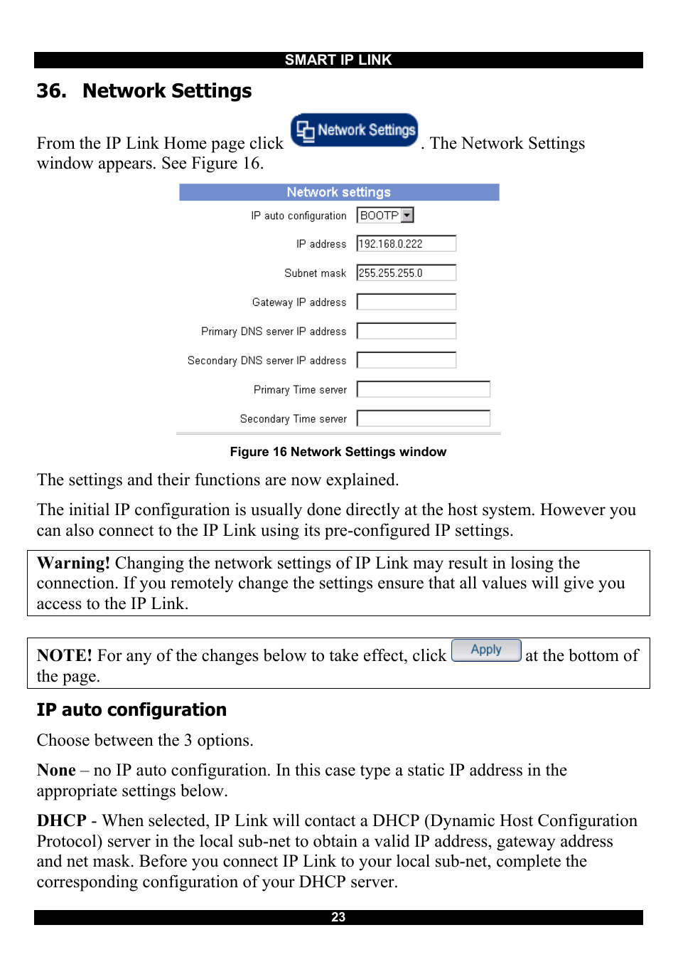 Network settings, Ip auto configuration | Minicom Advanced Systems RJ-45 User Manual | Page 24 / 43