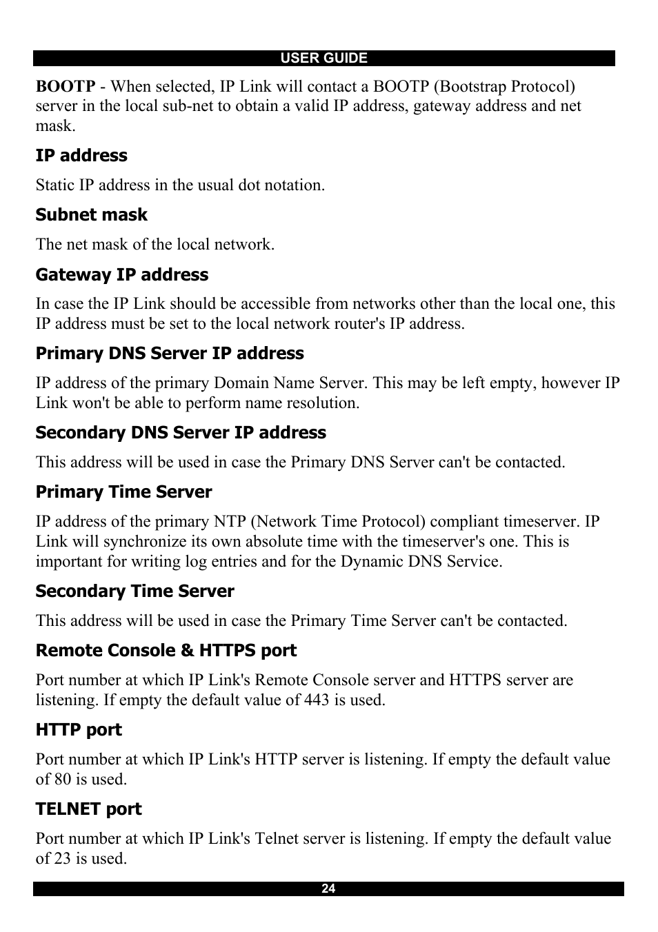 Ip address, Subnet mask, Gateway ip address | Primary dns server ip address, Secondary dns server ip address, Primary time server, Secondary time server, Remote console & https port, Http port, Telnet port | Minicom Advanced Systems RJ-45 User Manual | Page 25 / 43