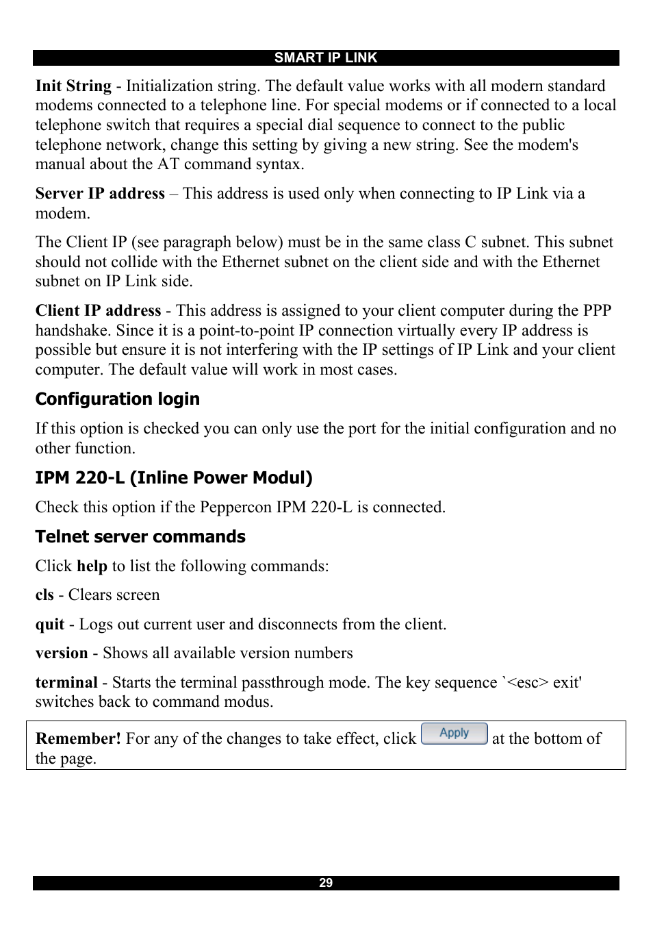 Configuration login, Ipm 220-l (inline power modul), Telnet server commands | Minicom Advanced Systems RJ-45 User Manual | Page 30 / 43