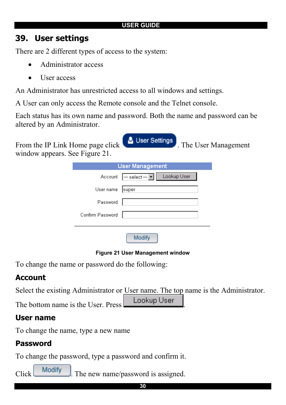 User settings, Account, User name | Password | Minicom Advanced Systems RJ-45 User Manual | Page 31 / 43