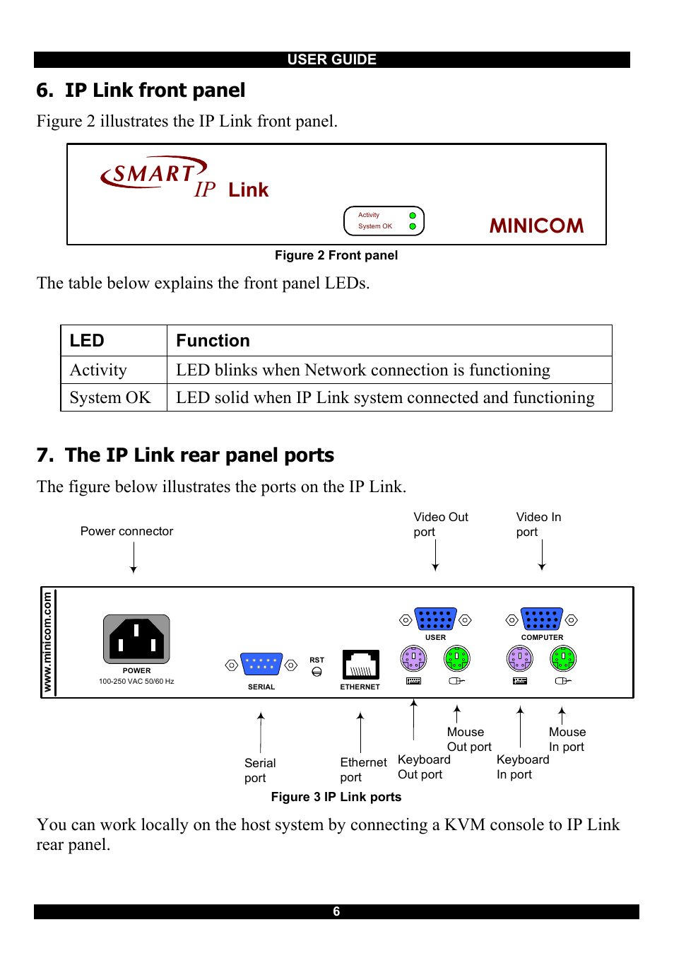 Ip link front panel, The ip link rear panel ports, Minicom | Link, Figure 2 illustrates the ip link front panel, The table below explains the front panel leds | Minicom Advanced Systems RJ-45 User Manual | Page 7 / 43
