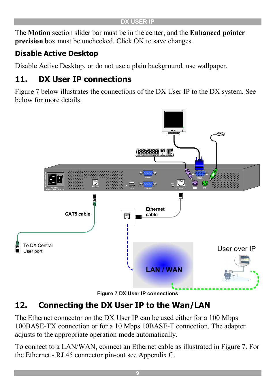 Dx user ip connections, Connecting the dx user ip to the wan/lan, Lan / wan | User over ip, Dx user ip, Figure 7 dx user ip connections, Cat5 cable, Ethernet cable | Minicom Advanced Systems DX User IP User Manual | Page 10 / 72