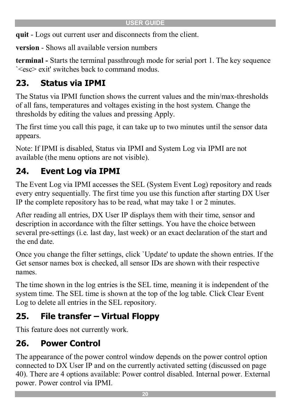 Status via ipmi, Event log via ipmi, File transfer – virtual floppy | Power control | Minicom Advanced Systems DX User IP User Manual | Page 21 / 72