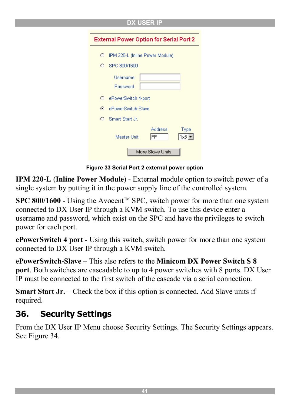 Security settings | Minicom Advanced Systems DX User IP User Manual | Page 42 / 72