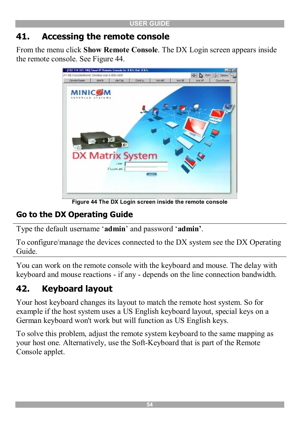 Accessing the remote console, Keyboard layout | Minicom Advanced Systems DX User IP User Manual | Page 55 / 72