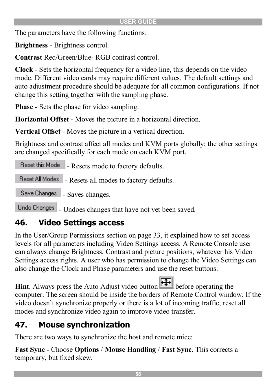 Video settings access, Mouse synchronization | Minicom Advanced Systems DX User IP User Manual | Page 59 / 72