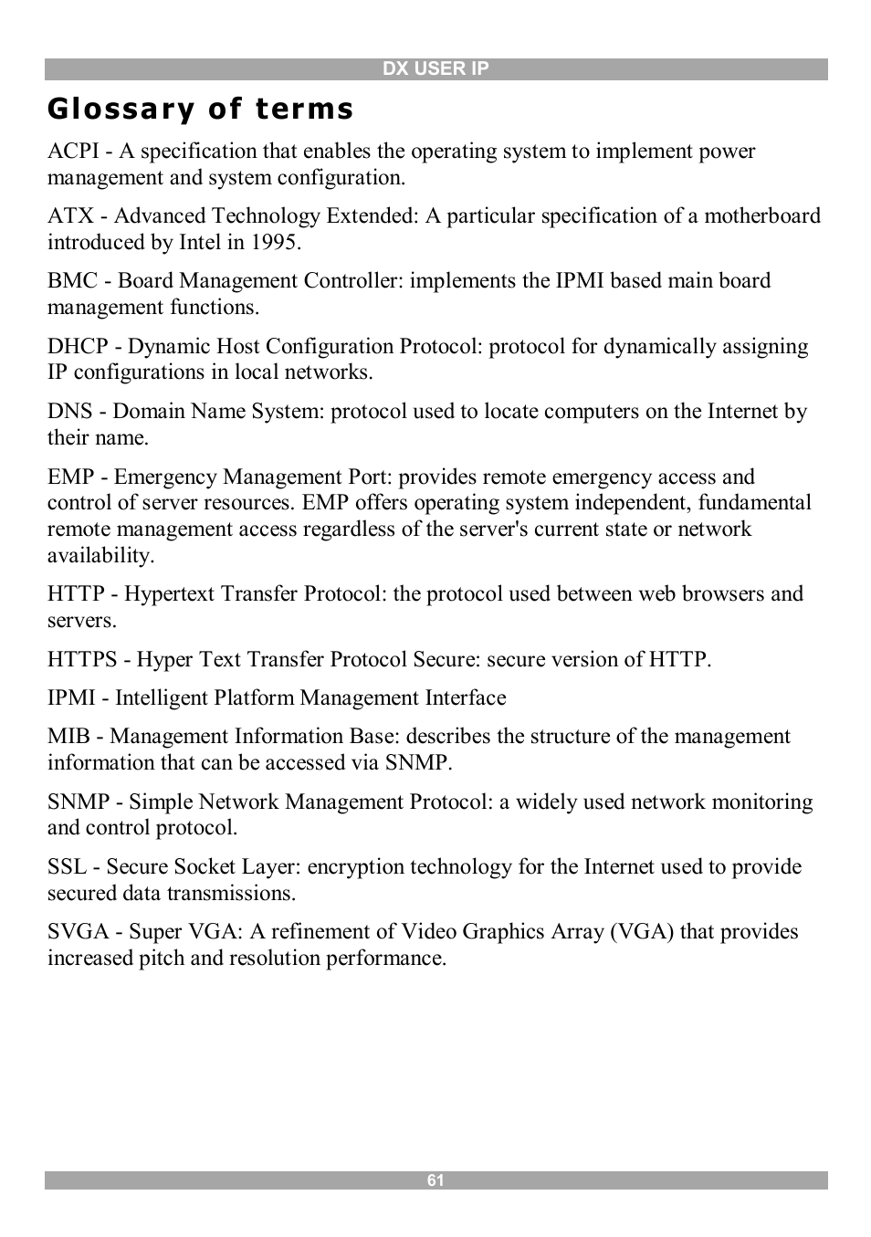 Glossary of terms, Glossa ry o f terms | Minicom Advanced Systems DX User IP User Manual | Page 62 / 72