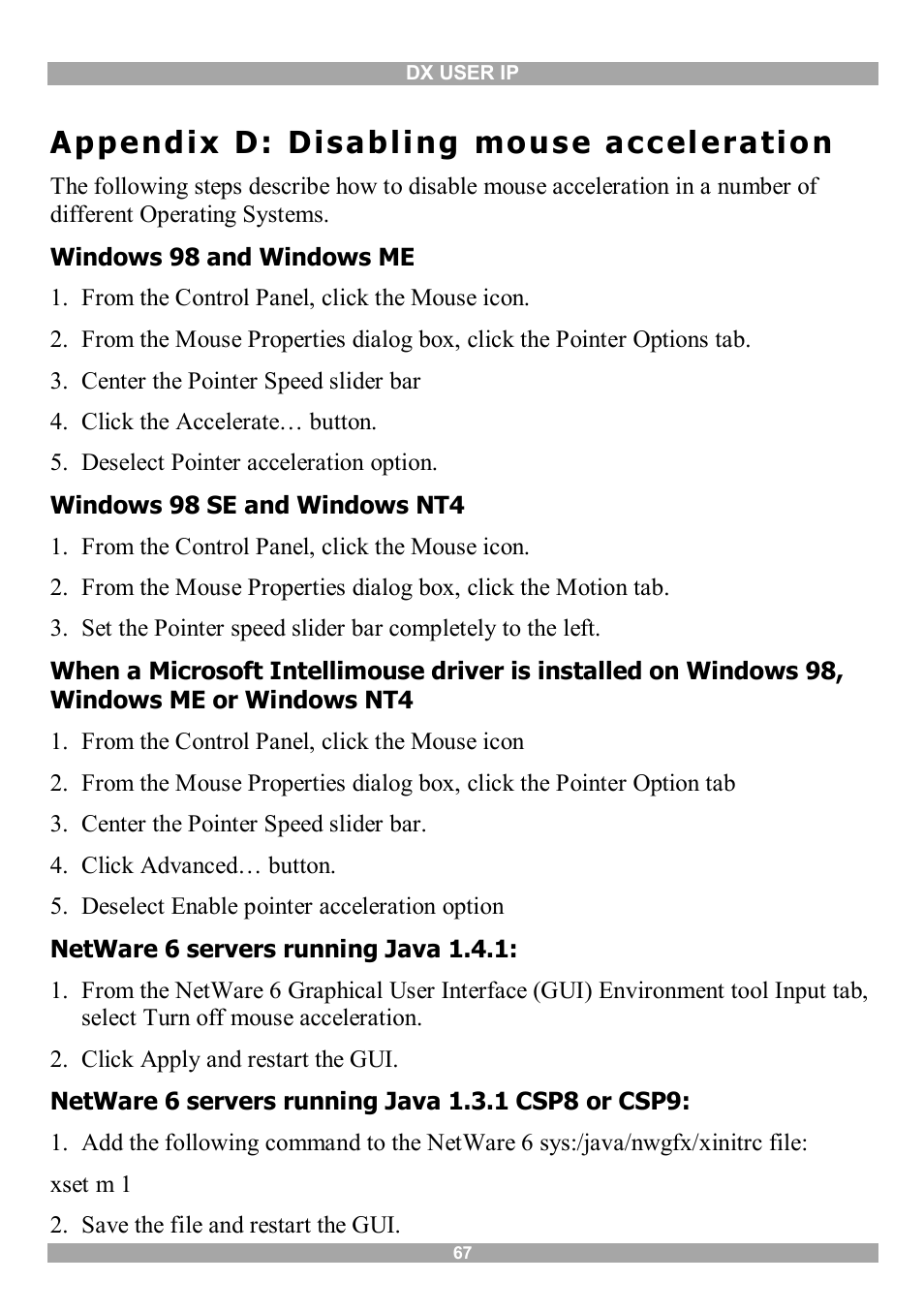 Appendix d: disabling mouse acceleration, Appendix d: disabling mous e acc el eratio n | Minicom Advanced Systems DX User IP User Manual | Page 68 / 72
