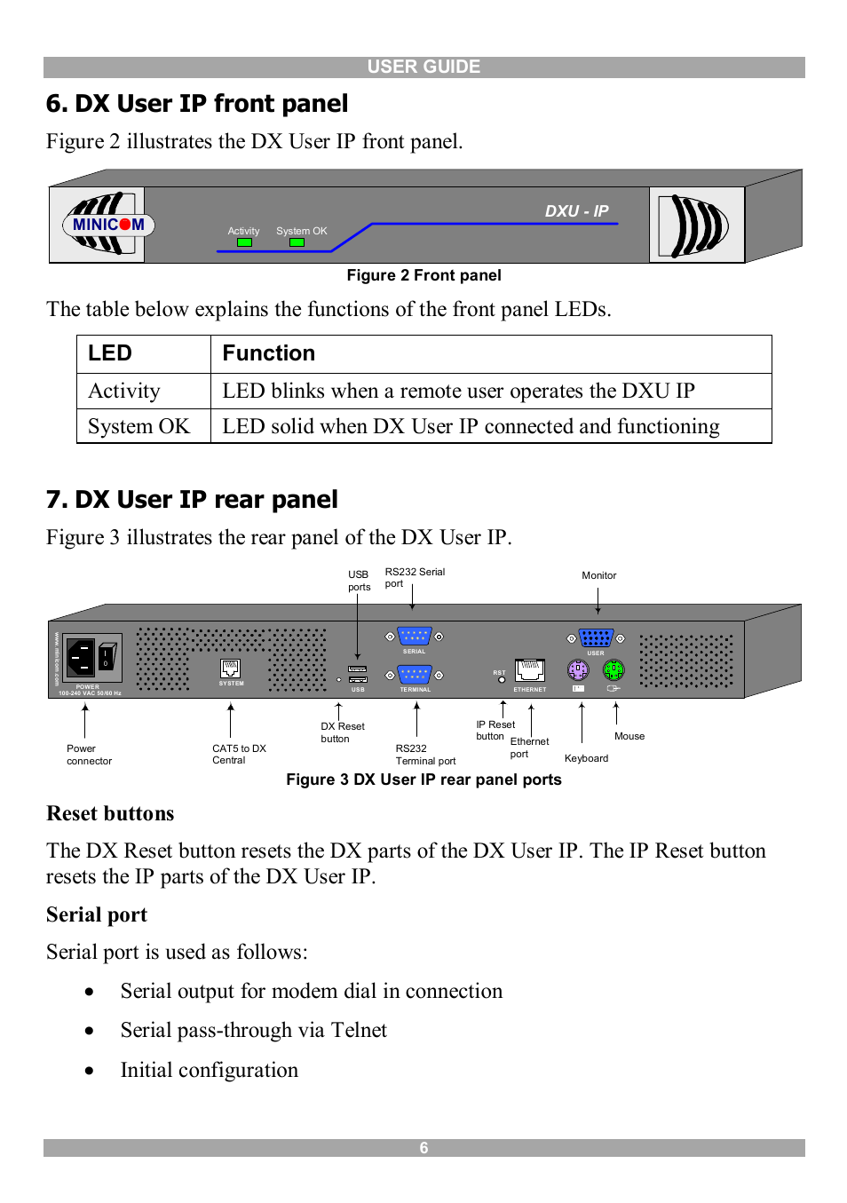 Dx user ip front panel, Dx user ip rear panel, Figure 2 illustrates the dx user ip front panel | User guide | Minicom Advanced Systems DX User IP User Manual | Page 7 / 72