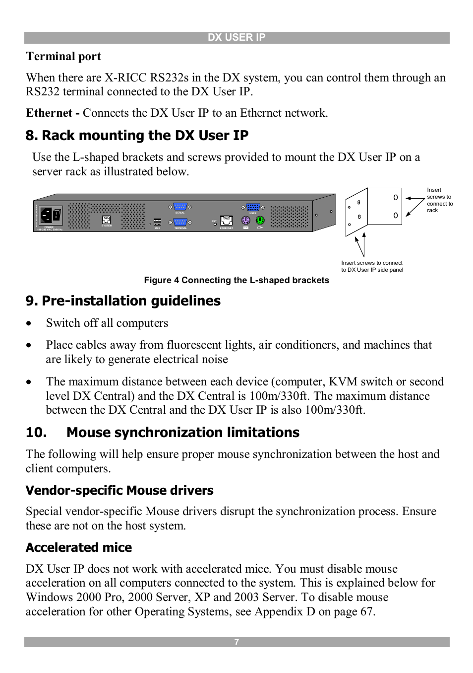 Rack mounting the dx user ip, Pre-installation guidelines, Mouse synchronization limitations | Dx user ip, Figure 4 connecting the l-shaped brackets | Minicom Advanced Systems DX User IP User Manual | Page 8 / 72