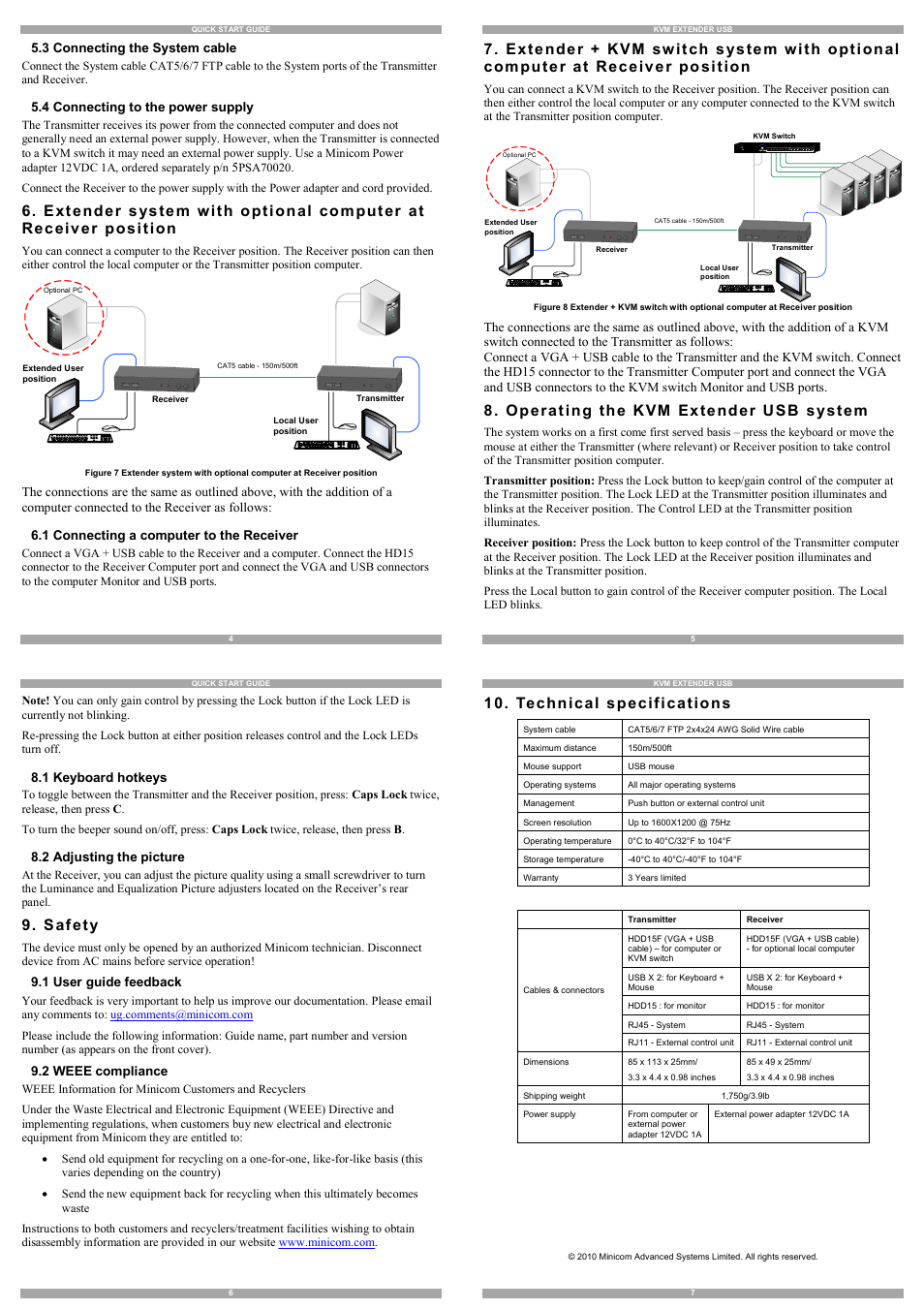 Op erat ing th e kvm extend er usb system, Saf ety, Technical sp ecif icatio ns | Minicom Advanced Systems KVM EXTENDER USB 5UM30167 User Manual | Page 2 / 2