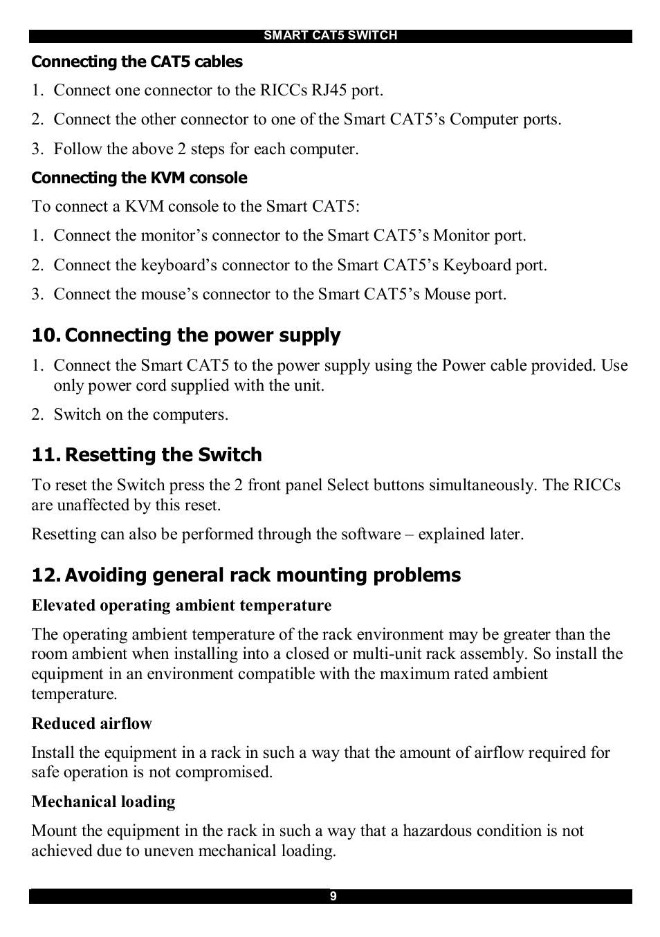 Connecting the power supply, Resetting the switch, Avoiding general rack mounting problems | Minicom Advanced Systems CAT5 User Manual | Page 10 / 40