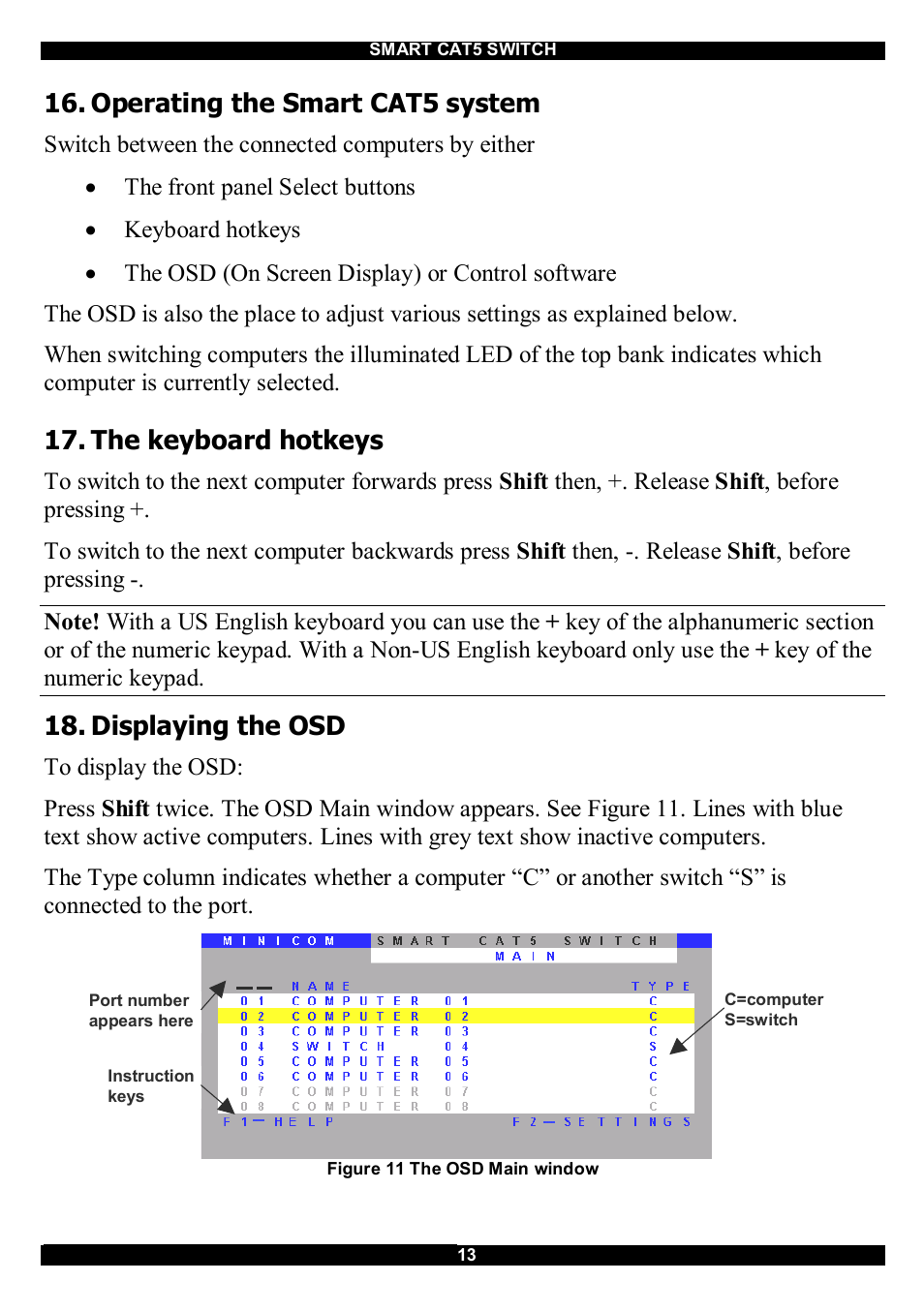 Operating the smart cat5 system, The keyboard hotkeys, Displaying the osd | Minicom Advanced Systems CAT5 User Manual | Page 14 / 40