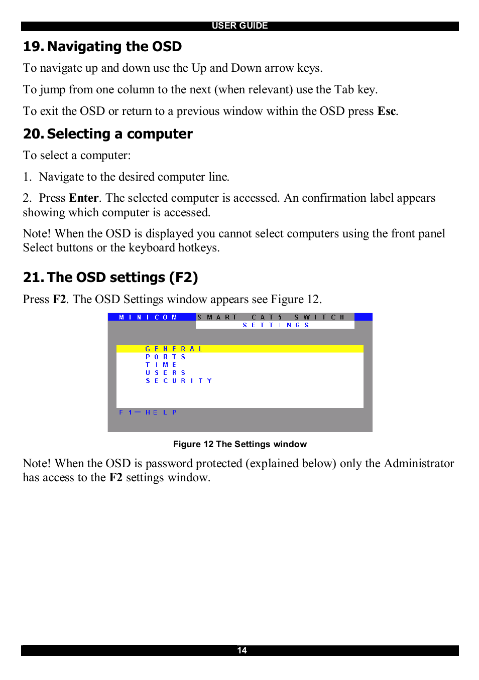 Navigating the osd, Selecting a computer, The osd settings (f2) | Minicom Advanced Systems CAT5 User Manual | Page 15 / 40
