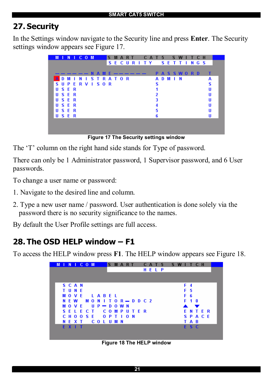 Security, The osd help window – f1 | Minicom Advanced Systems CAT5 User Manual | Page 22 / 40