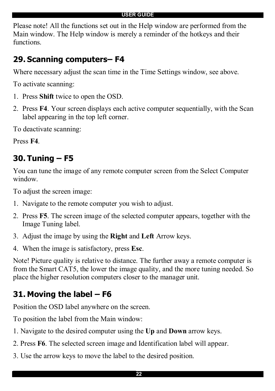 Scanning computers– f4, Tuning – f5, Moving the label – f6 | Minicom Advanced Systems CAT5 User Manual | Page 23 / 40