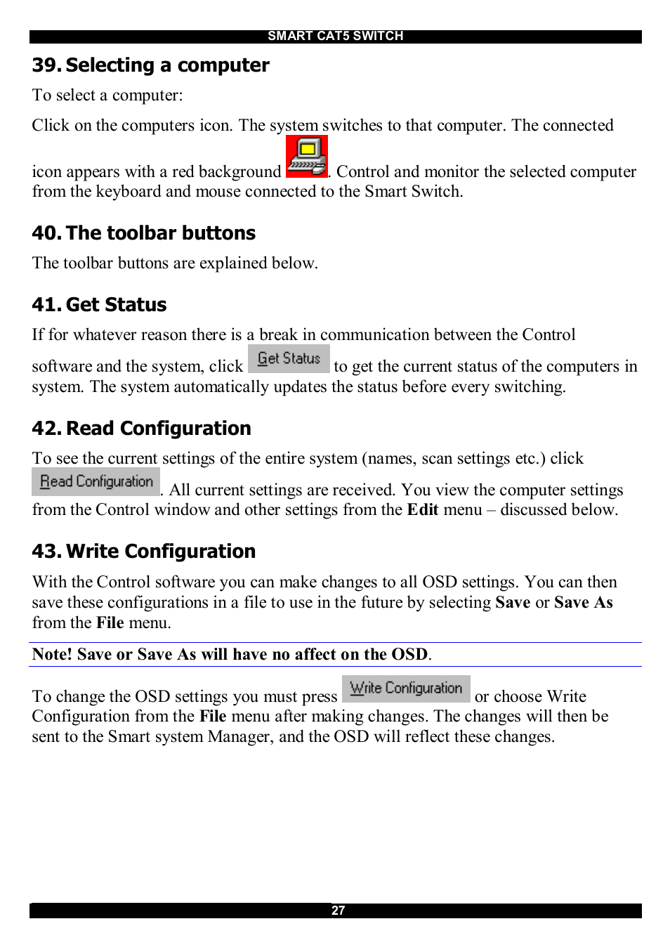 Selecting a computer, The toolbar buttons, Get status | Read configuration, Write configuration | Minicom Advanced Systems CAT5 User Manual | Page 28 / 40