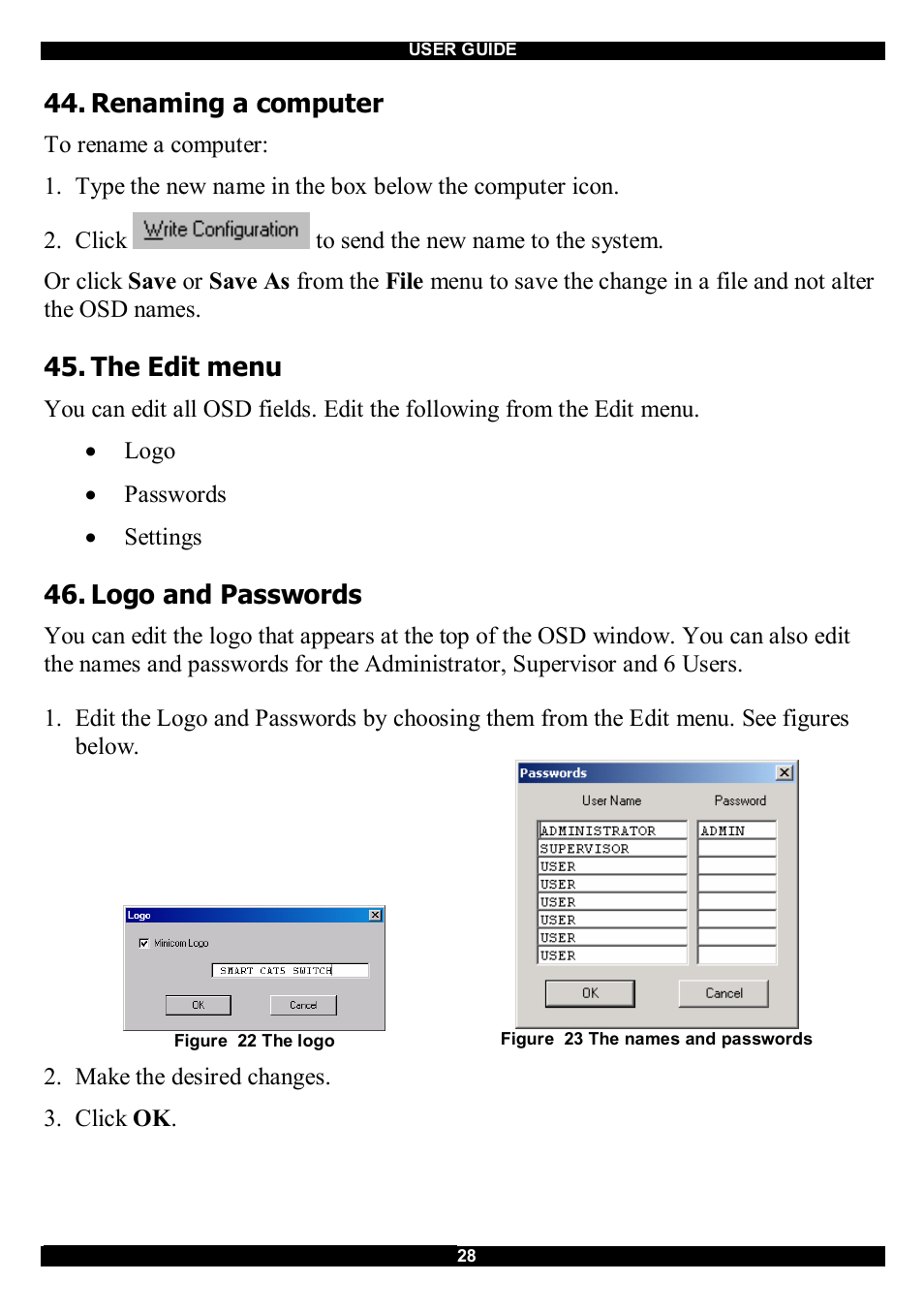 Renaming a computer, The edit menu, Logo and passwords | Minicom Advanced Systems CAT5 User Manual | Page 29 / 40