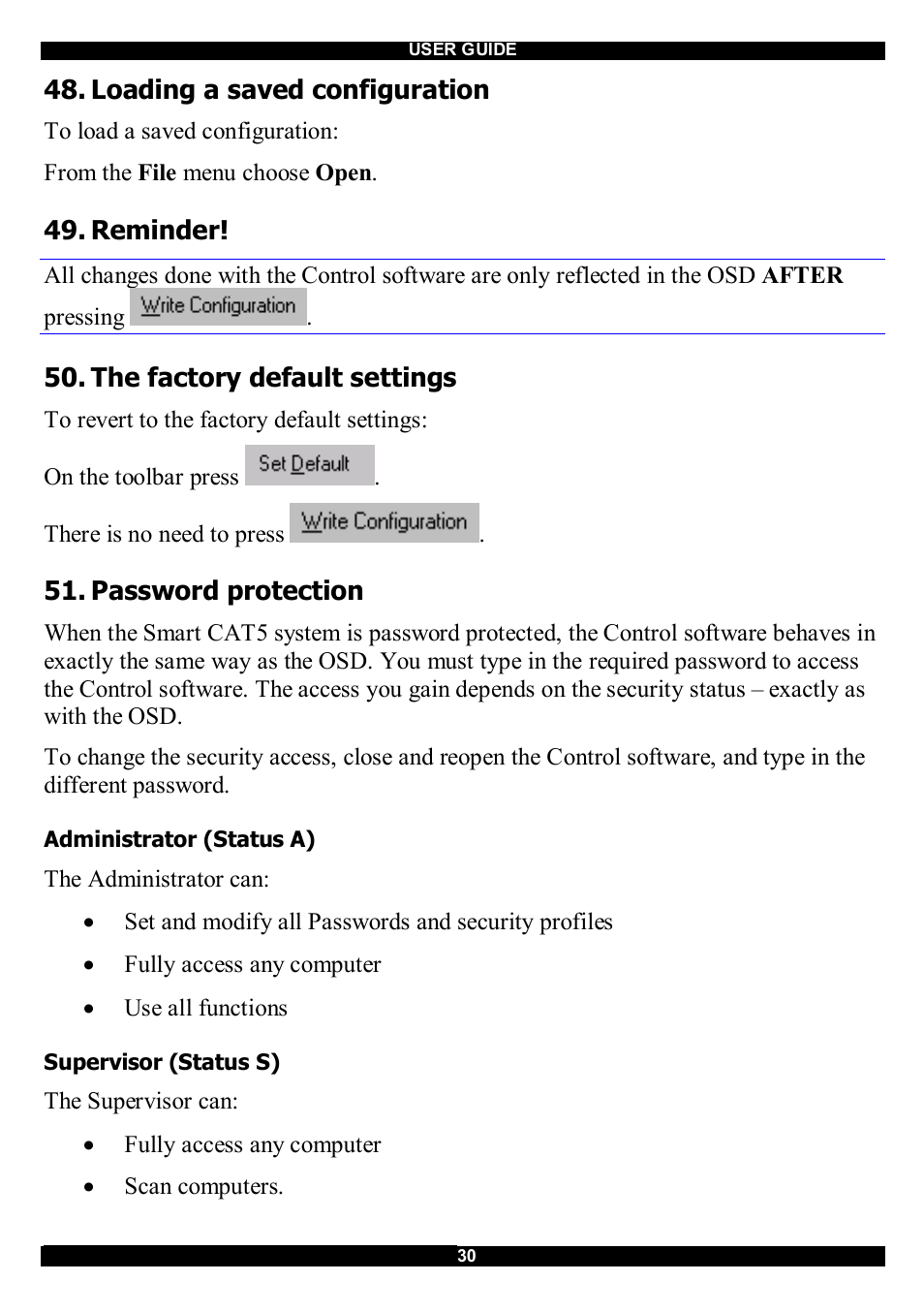 Loading a saved configuration, Reminder, The factory default settings | Password protection | Minicom Advanced Systems CAT5 User Manual | Page 31 / 40