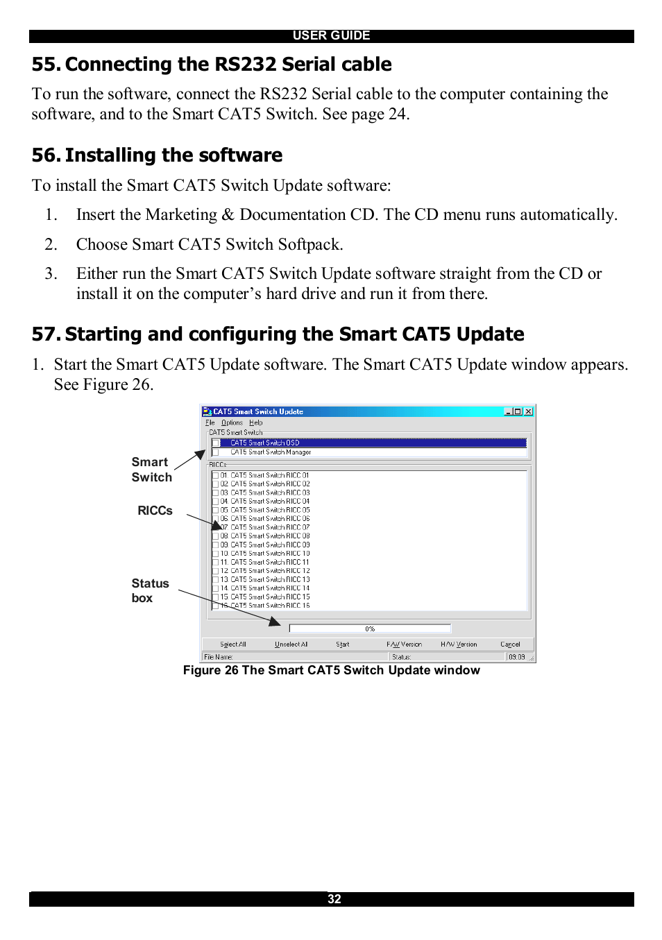 Connecting the rs232 serial cable, Installing the software, Starting and configuring the smart cat5 update | Minicom Advanced Systems CAT5 User Manual | Page 33 / 40