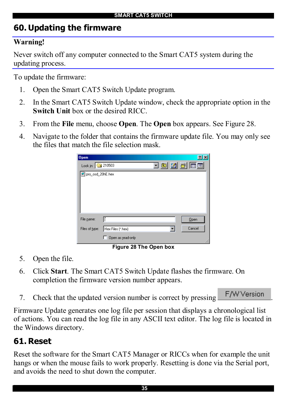 Updating the firmware, Reset | Minicom Advanced Systems CAT5 User Manual | Page 36 / 40