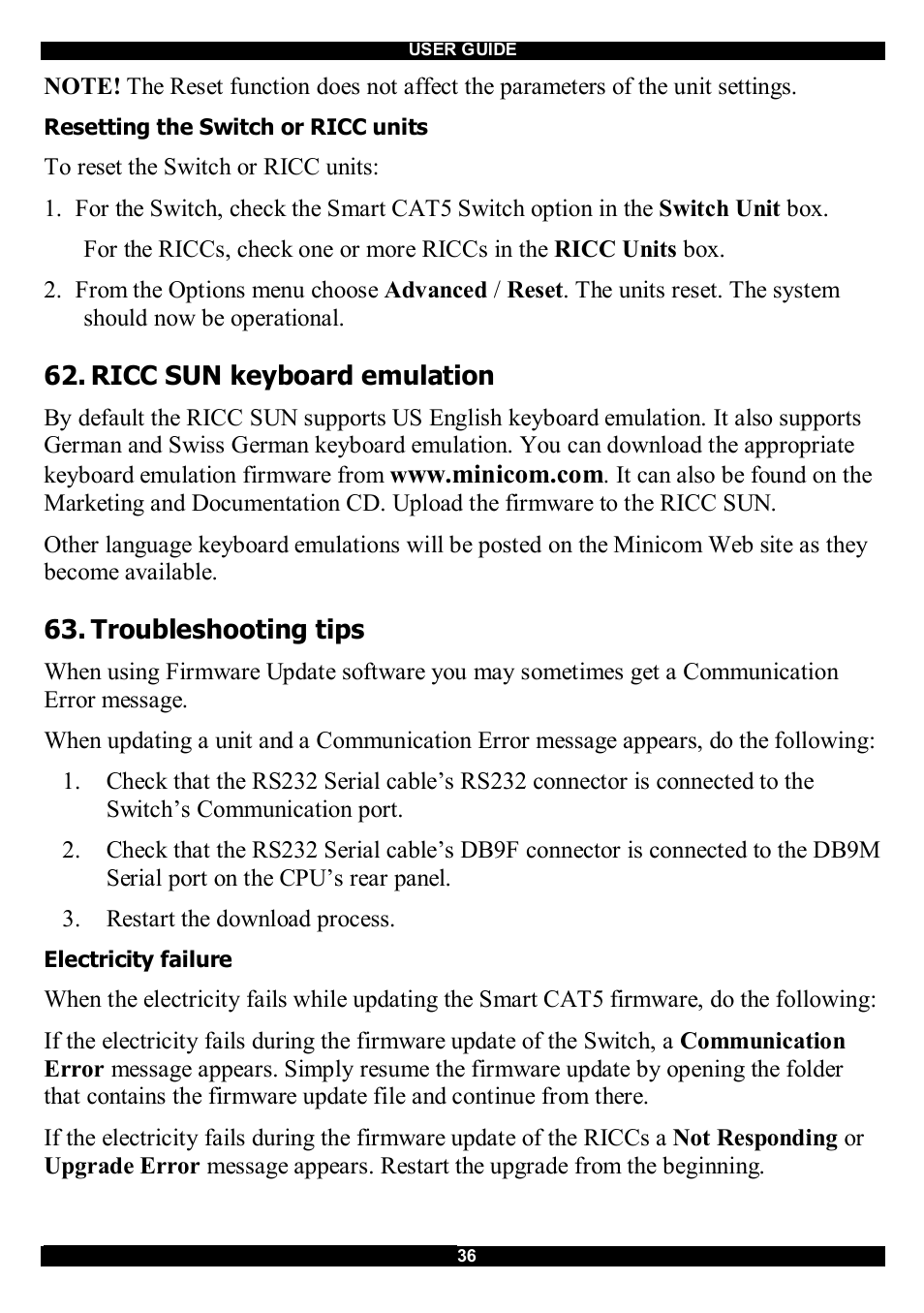 Ricc sun keyboard emulation, Troubleshooting tips | Minicom Advanced Systems CAT5 User Manual | Page 37 / 40