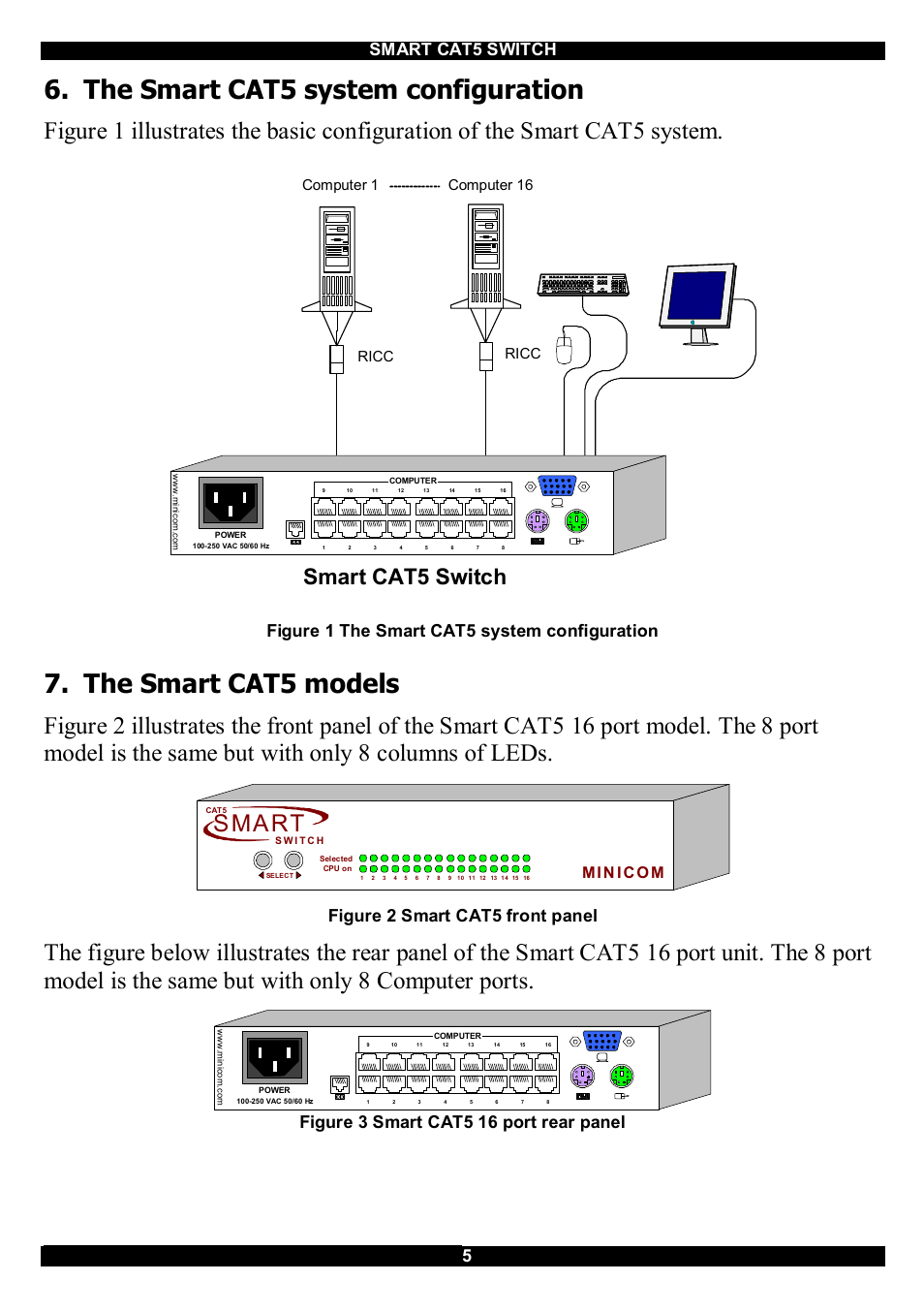 The smart cat5 system configuration, The smart cat5 models, Smart | Smart cat5 switch, Figure 1 the smart cat5 system configuration, Figure 2 smart cat5 front panel, Figure 3 smart cat5 16 port rear panel, Mi n i co m, Computer 1, Computer 16 ricc ricc | Minicom Advanced Systems CAT5 User Manual | Page 6 / 40