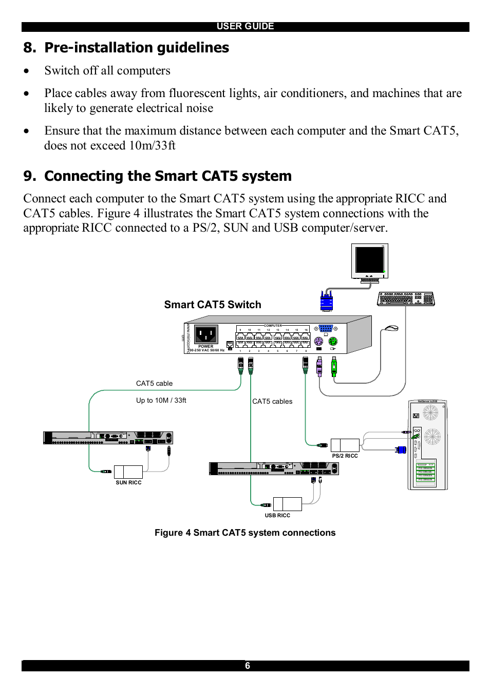 Pre-installation guidelines, Connecting the smart cat5 system, Smart cat5 switch | User guide 6, Figure 4 smart cat5 system connections | Minicom Advanced Systems CAT5 User Manual | Page 7 / 40