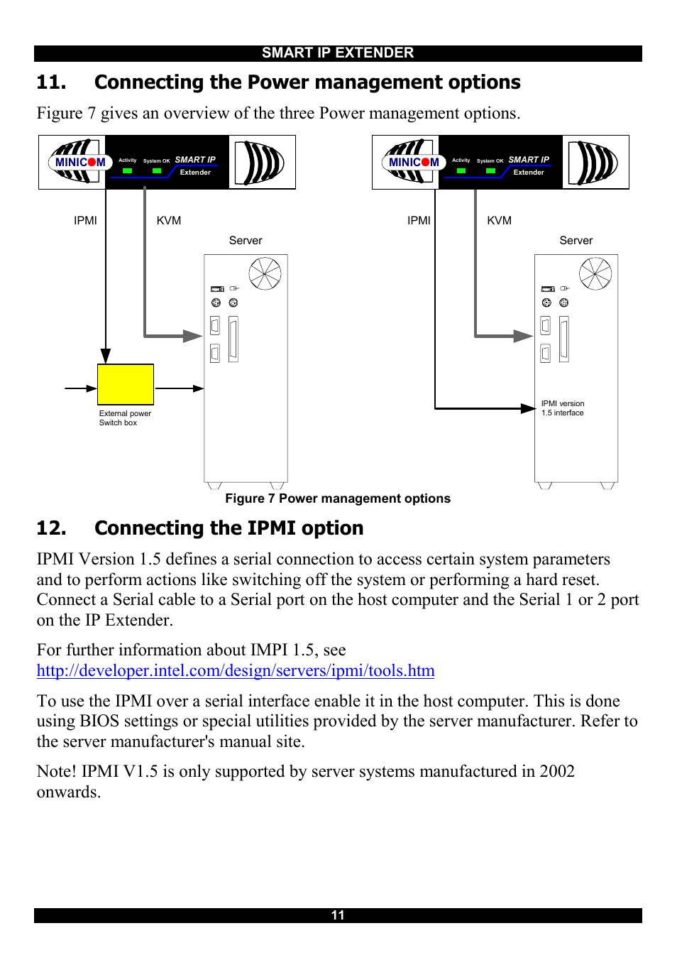 Connecting the power management options, Connecting the ipmi option | Minicom Advanced Systems Smart IP Extender User Manual | Page 12 / 68