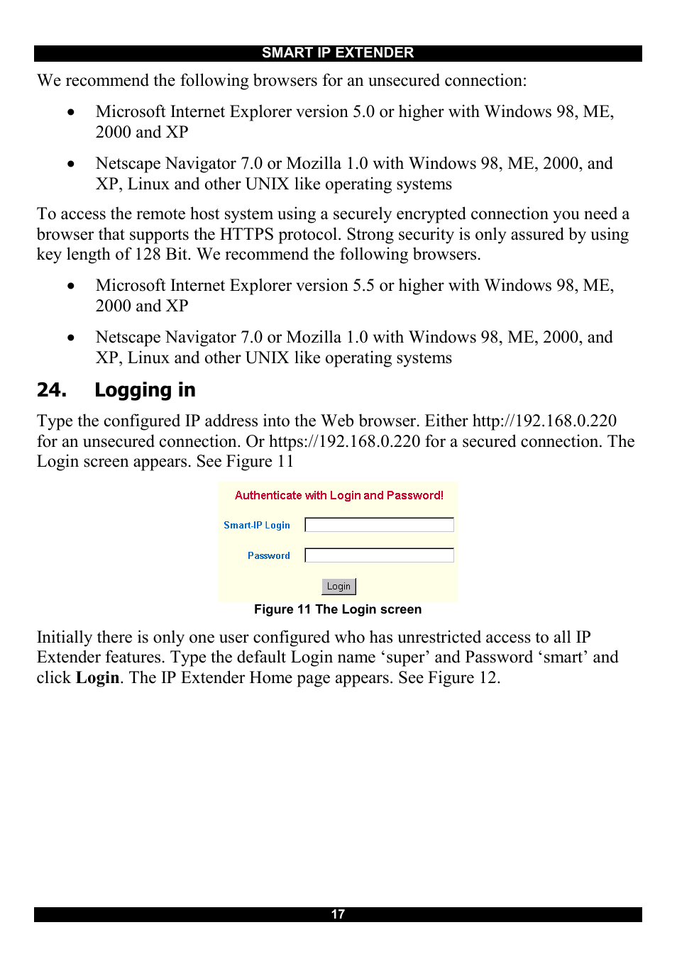 Logging in | Minicom Advanced Systems Smart IP Extender User Manual | Page 18 / 68