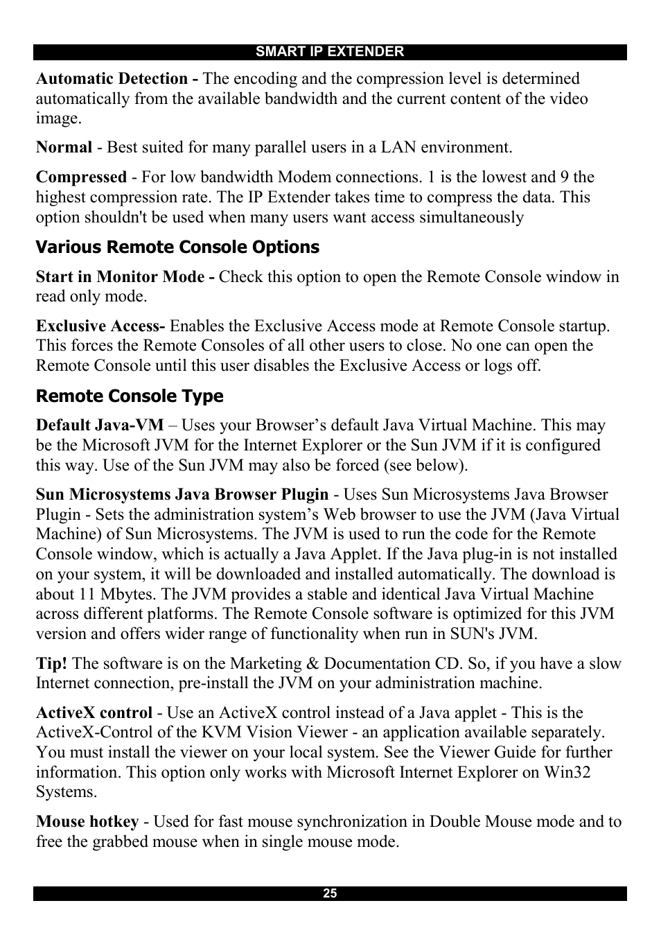 Various remote console options, Remote console type | Minicom Advanced Systems Smart IP Extender User Manual | Page 26 / 68