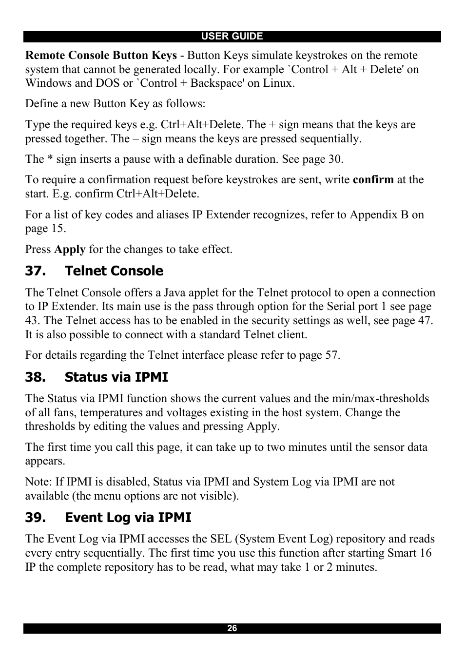 Telnet console, Status via ipmi, Event log via ipmi | Minicom Advanced Systems Smart IP Extender User Manual | Page 27 / 68