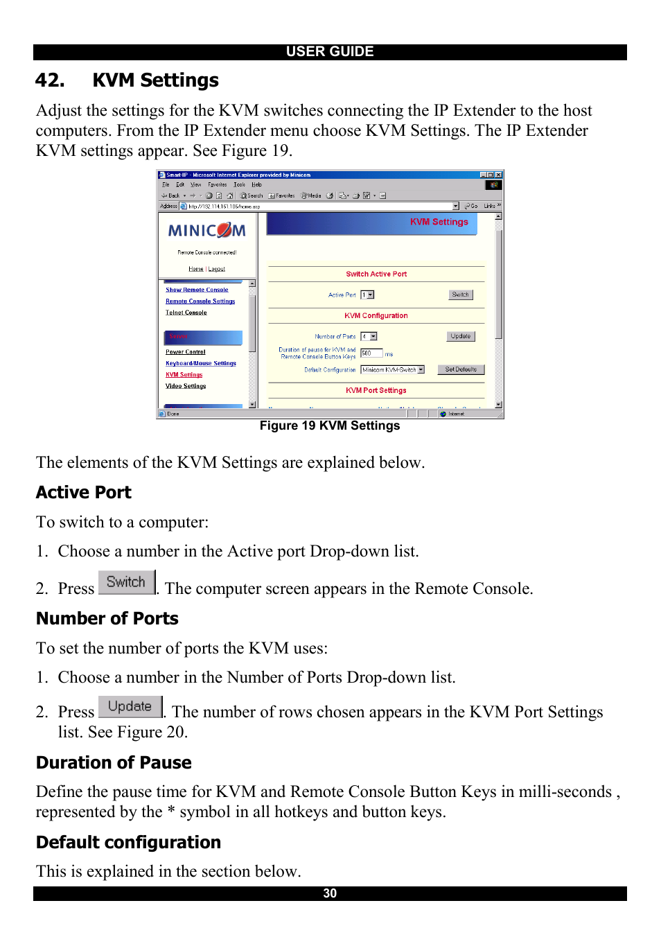 Kvm settings, Active port, Number of ports | Duration of pause, Default configuration | Minicom Advanced Systems Smart IP Extender User Manual | Page 31 / 68