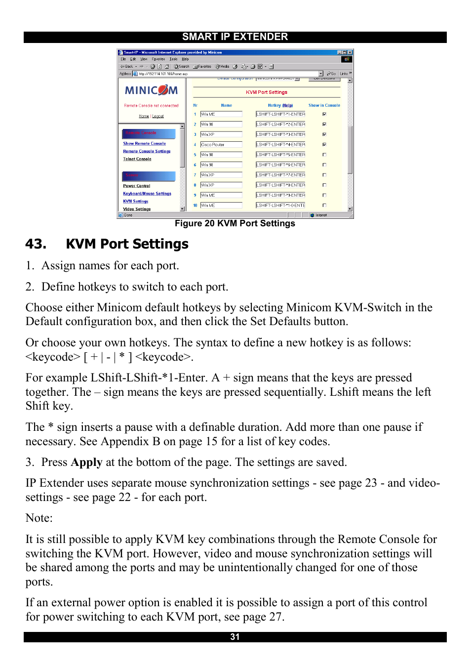 Kvm port settings | Minicom Advanced Systems Smart IP Extender User Manual | Page 32 / 68