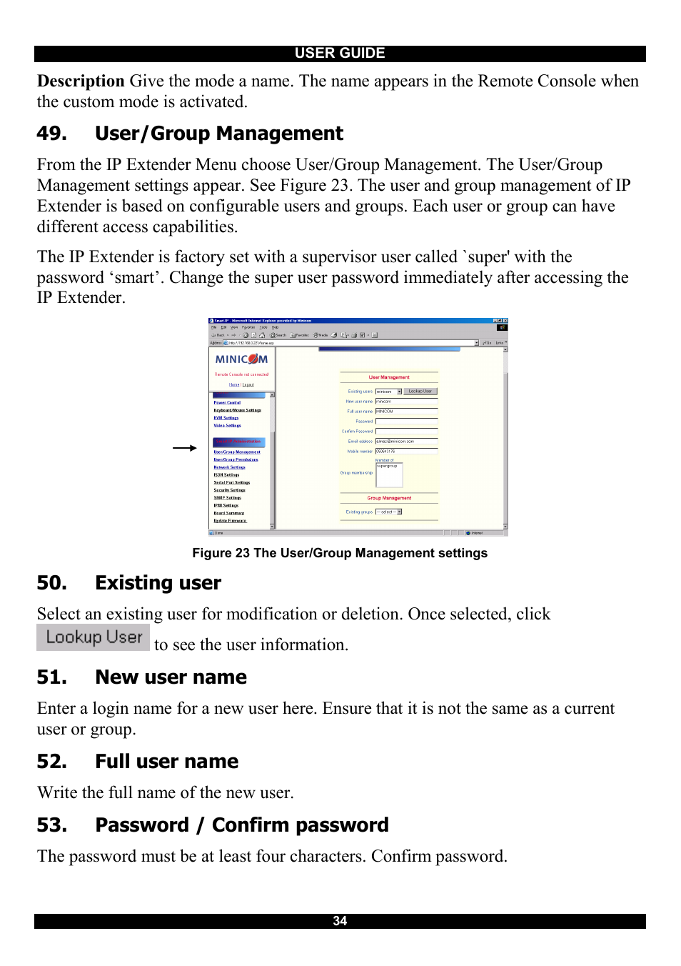 User/group management, Existing user, New user name | Full user name, Password / confirm password | Minicom Advanced Systems Smart IP Extender User Manual | Page 35 / 68