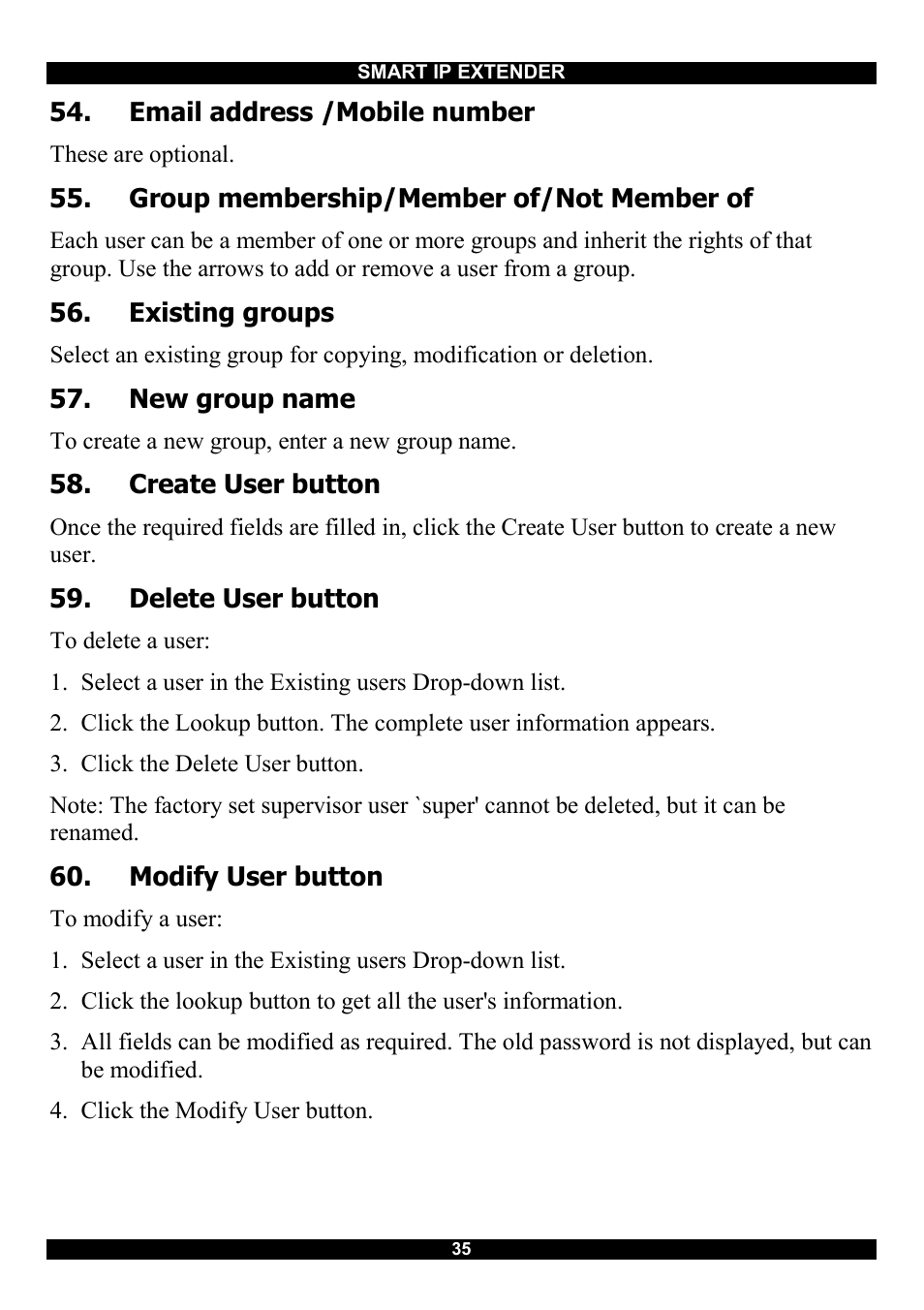 Email address /mobile number, Group membership/member of/not member of, Existing groups | New group name, Create user button, Delete user button, Modify user button | Minicom Advanced Systems Smart IP Extender User Manual | Page 36 / 68