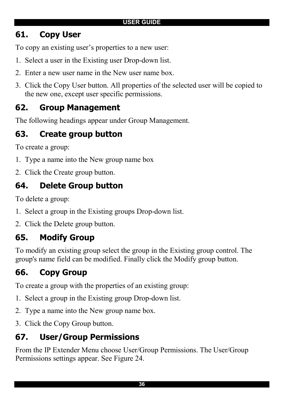 Copy user, Group management, Create group button | Delete group button, Modify group, Copy group, User/group permissions | Minicom Advanced Systems Smart IP Extender User Manual | Page 37 / 68