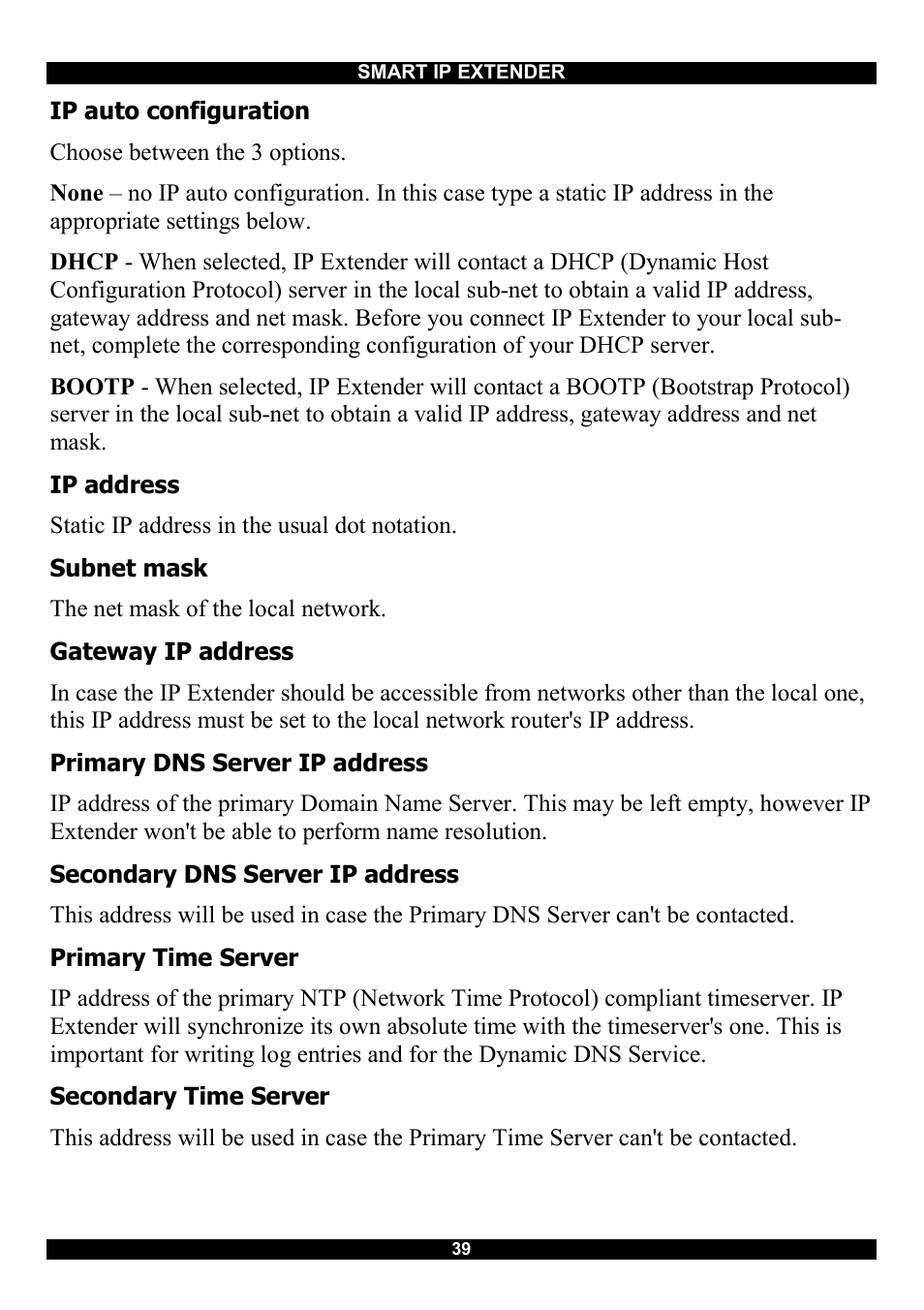 Ip auto configuration, Ip address, Subnet mask | Gateway ip address, Primary dns server ip address, Secondary dns server ip address, Primary time server, Secondary time server | Minicom Advanced Systems Smart IP Extender User Manual | Page 40 / 68