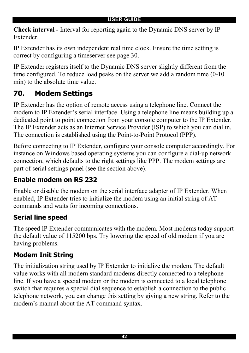 Modem settings, Enable modem on rs 232, Serial line speed | Modem init string | Minicom Advanced Systems Smart IP Extender User Manual | Page 43 / 68