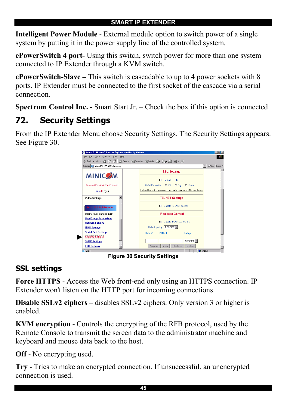 Security settings, Ssl settings | Minicom Advanced Systems Smart IP Extender User Manual | Page 46 / 68