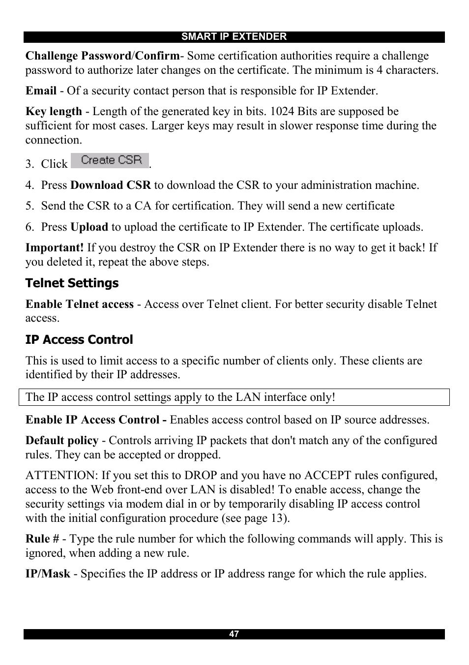 Telnet settings, Ip access control | Minicom Advanced Systems Smart IP Extender User Manual | Page 48 / 68