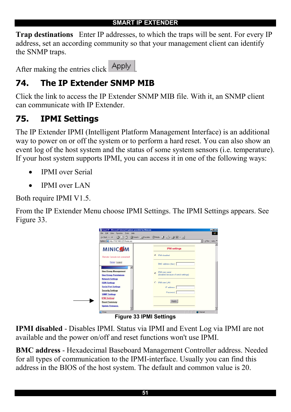 The ip extender snmp mib, Ipmi settings, 51 fo | Minicom Advanced Systems Smart IP Extender User Manual | Page 52 / 68