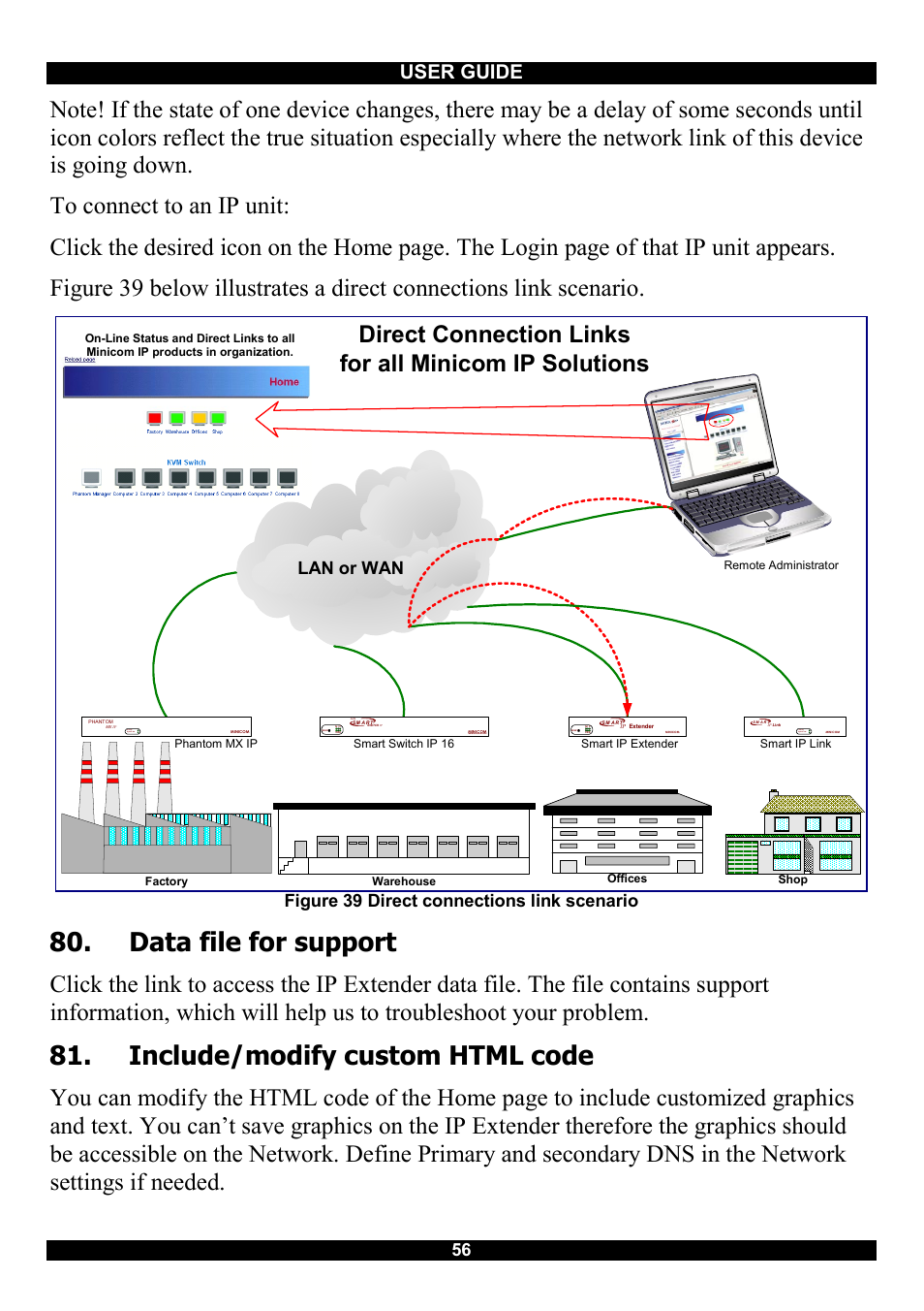 Data file for support, Include/modify custom html code, User guide | Lan or wan, Figure 39 direct connections link scenario | Minicom Advanced Systems Smart IP Extender User Manual | Page 57 / 68