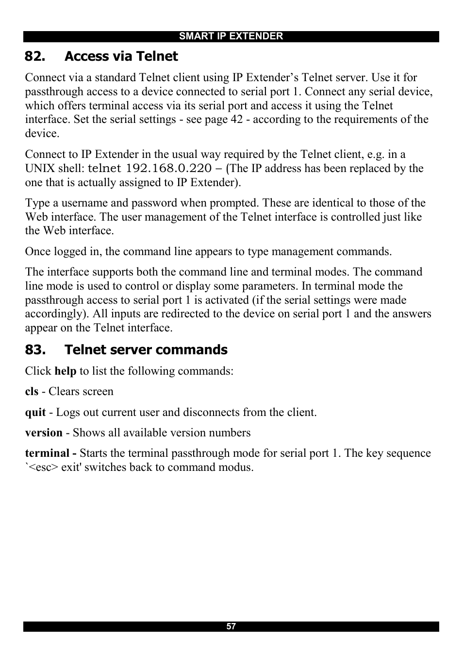 Access via telnet, Telnet server commands | Minicom Advanced Systems Smart IP Extender User Manual | Page 58 / 68