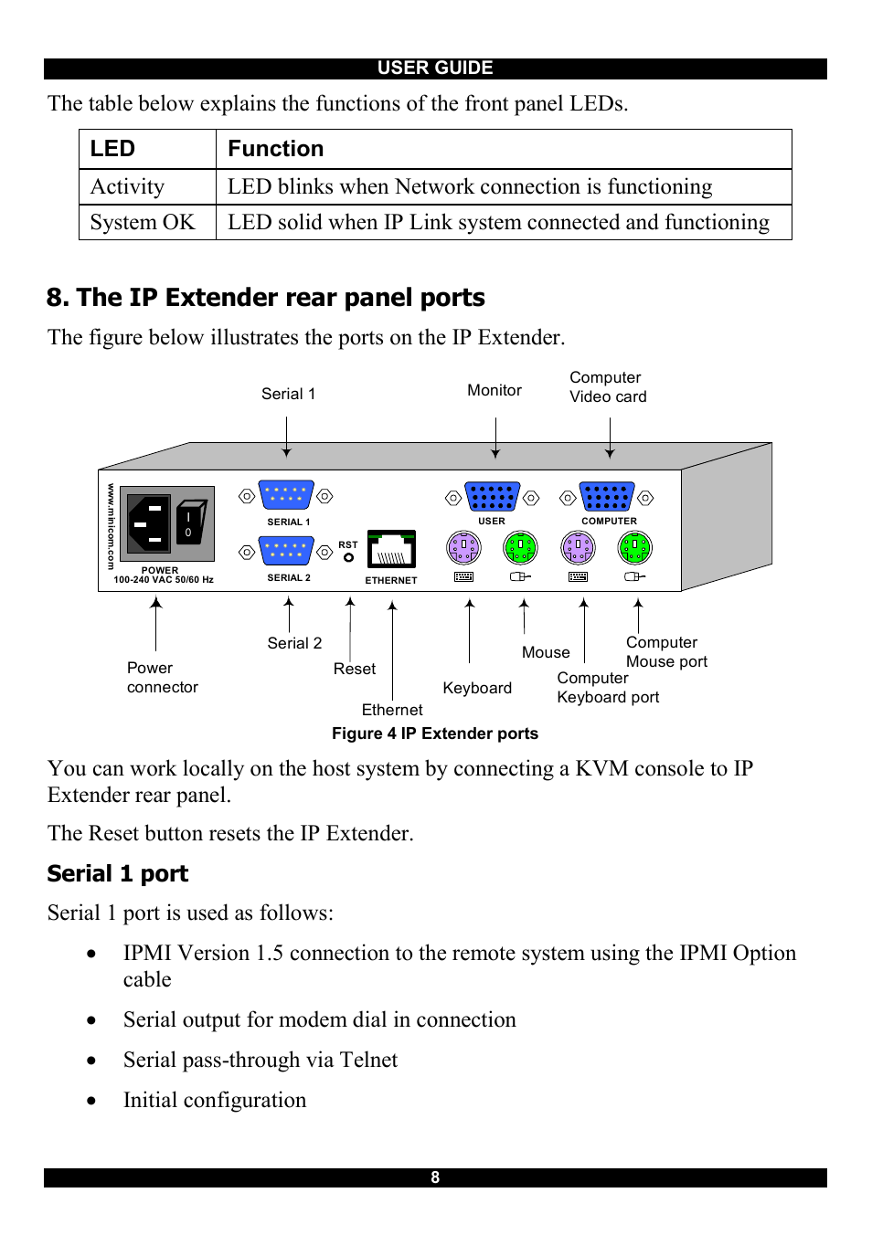 The ip extender rear panel ports, Serial 1 port | Minicom Advanced Systems Smart IP Extender User Manual | Page 9 / 68