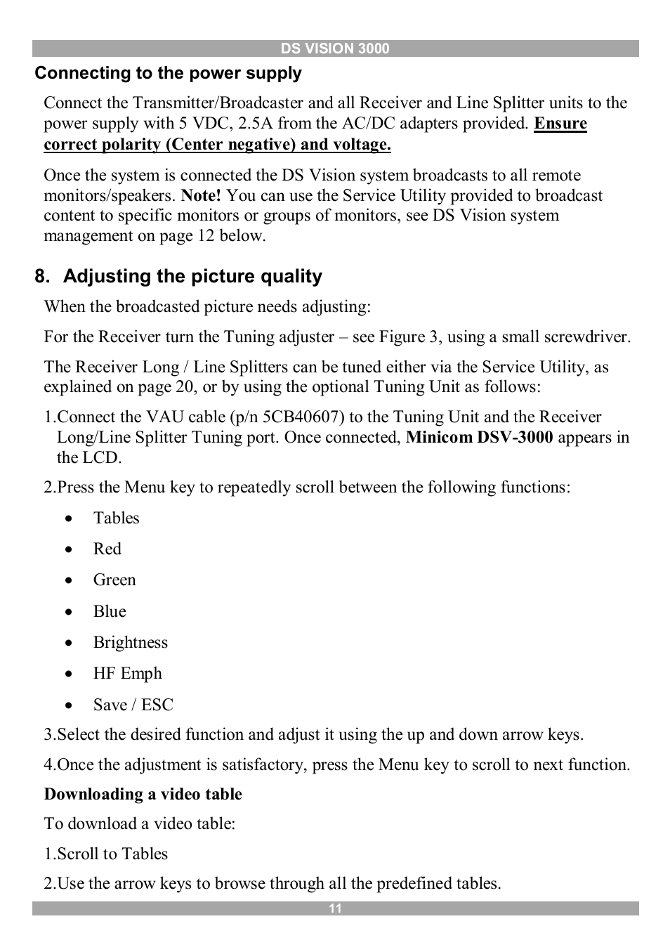 Connecting to the power supply, Adjusting the picture quality | Minicom Advanced Systems 3000 User Manual | Page 12 / 33