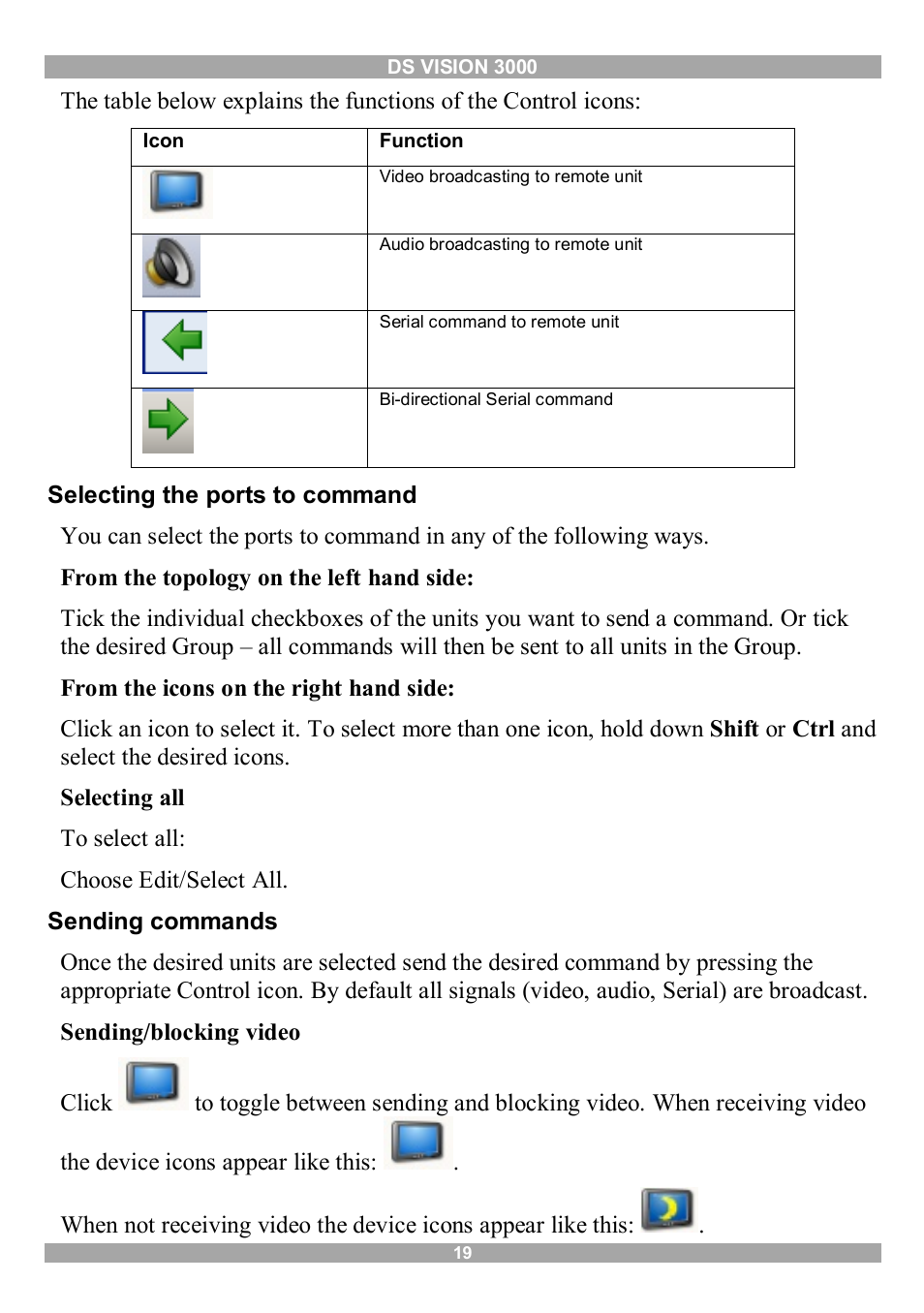 Selecting the ports to command, Sending commands | Minicom Advanced Systems 3000 User Manual | Page 20 / 33
