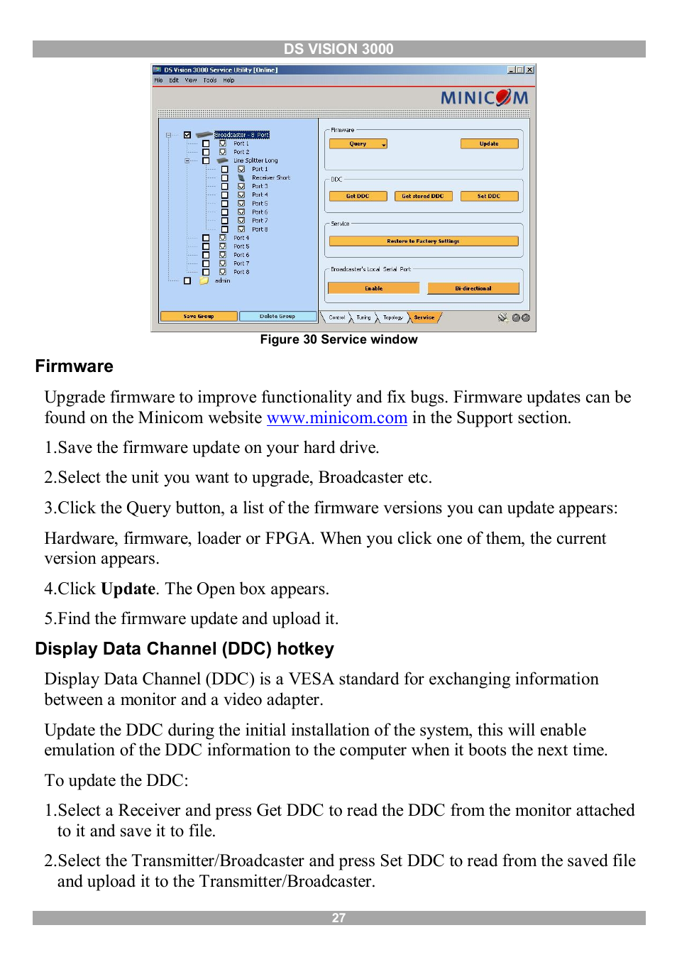 Firmware, Display data channel (ddc) hotkey | Minicom Advanced Systems 3000 User Manual | Page 28 / 33