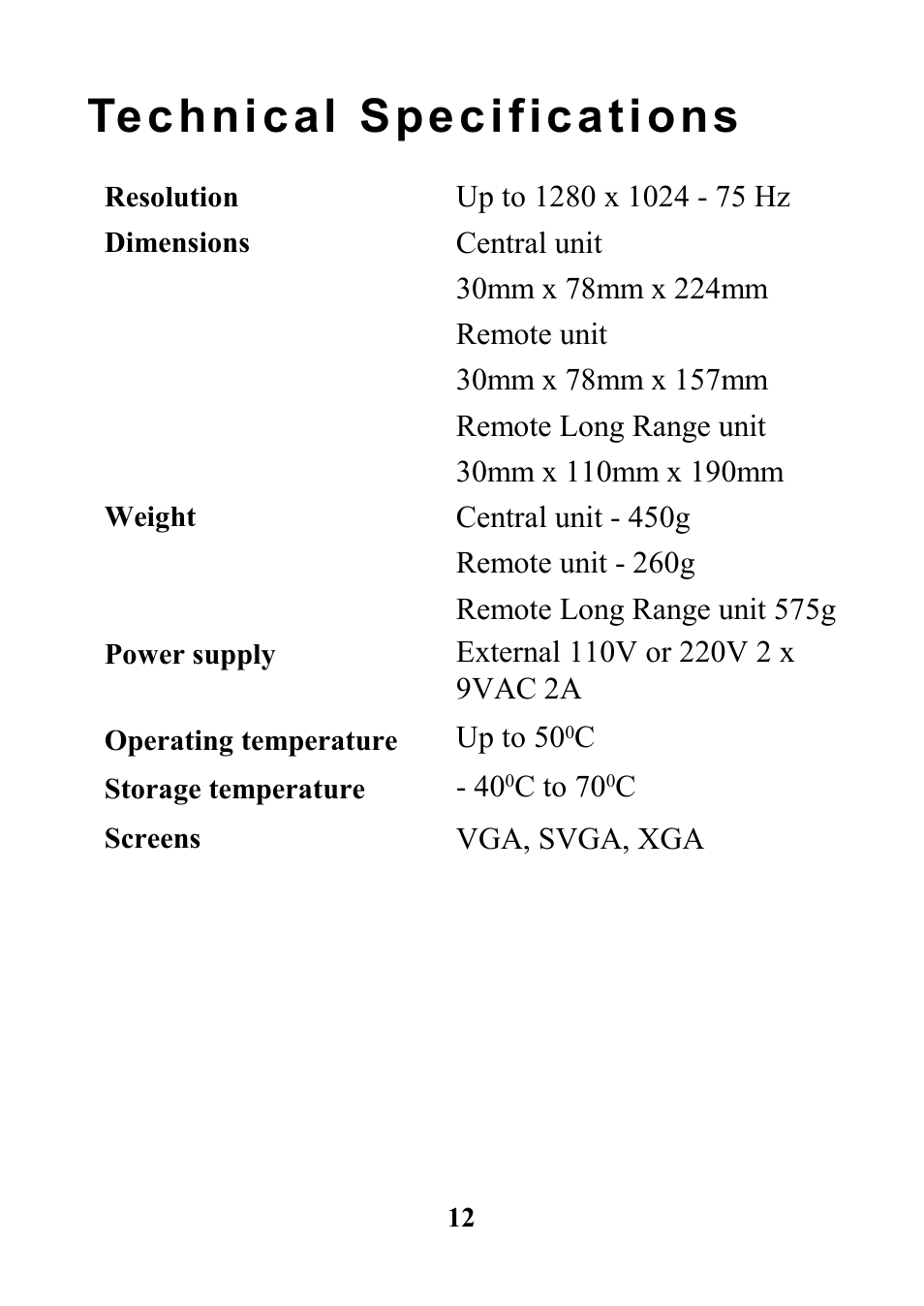 Technical specifications, Up to 50, C to 70 | Vga, svga, xga | Minicom Advanced Systems 5UM40066 - V1 8/01 User Manual | Page 14 / 16