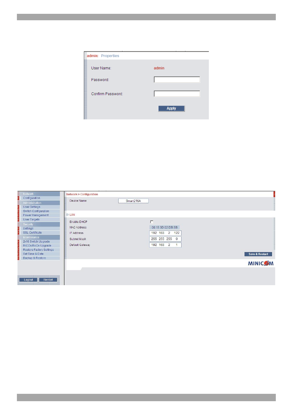 1 changing the password, Configuring the system, 1 network > configuration | Minicom Advanced Systems SMART 232 User Manual | Page 15 / 34